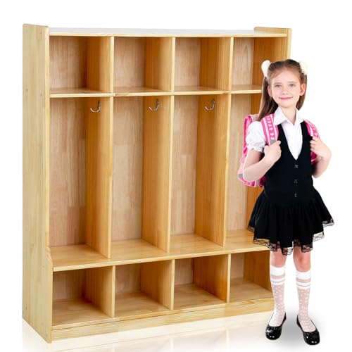 Image of Colingmill 4 Section Coat Locker with Bench Daycare Cubbies for Classrooms Natural Pine Finish Wooden Backpack Cubby Storage Organizer with Hooks for Daycare Classroom and Home