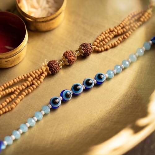 Image of Phool Rudraksha & Evil Eye Protection Rakhi Set of 2 for Brother | Rudraksha & Nazar Combo | Designer Rakhi for Bhai | Raksha Bandhan Set