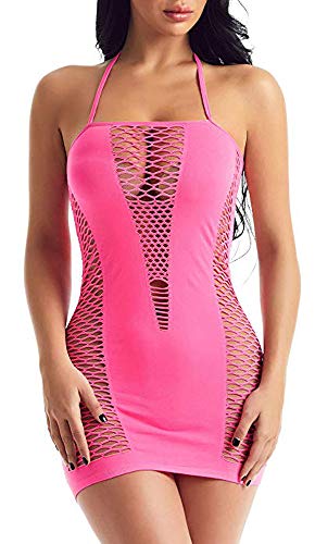 elescat Womens Lingerie Fishnet Outfit Mesh Chemise Seamless Hole Bodysuit Babydoll(Pink)