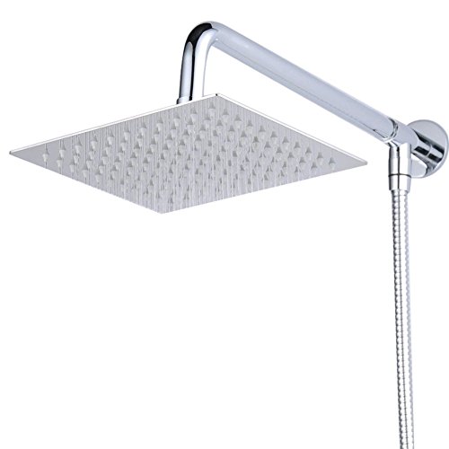 Hiendure regendouche met wandhouder, 20,3 cm, vierkante douchekop, douchekop, douchearm, doucheslang, roestvrij staal, verchroomd