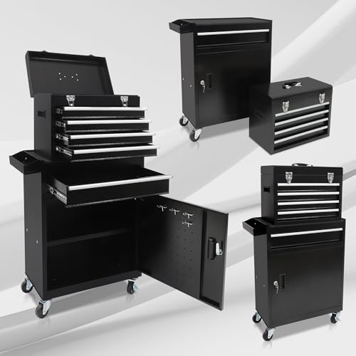 AJP Distributors Tool Box Organizer,5-Drawer Garage Storage Cabinets Lockable Wheels&Sliding Drawers&Detachable Top&Adjustable Shelf,Tool Box Organizers and Storage for Garage Workshop (Black)