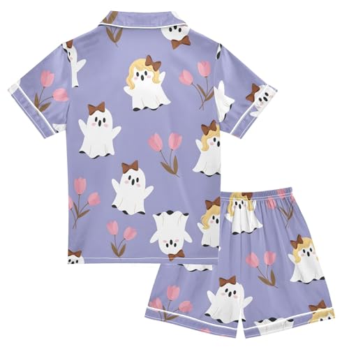 Satin Pajama Sets Short Sleeve Cute Ghosts with Flowers Pattern Button Down Silky Nightwear 2 Piece PJS 5-14Y2