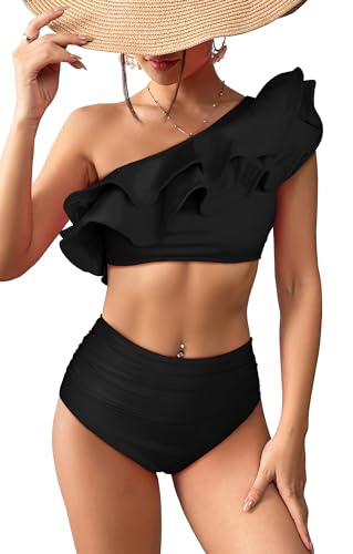 SPORLIKE Women High Waisted Swimsuit Flounce One Shoulder Bikini Padded Bathing Suit