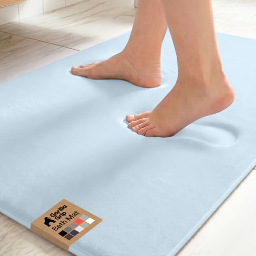 Image of GORILLA GRIP Memory Foam Bath Rugs, Soft Absorbent Velvet Bathroom Mats, Durable Dots on Underside, Machine Washable Bathmat, Carpet Rug Room Decor for Shower Floor, 36x24 Mat, Light Blue