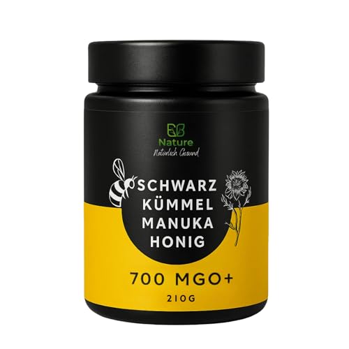 EB Nature Manuka Honig & Schwarzkümmel 700+ MGO im Glas – Reiner Honig mit Nigella-Sativa-Samen – Natürliche Mischung aus Neuseeland & Äthiopien – Cremige Textur ohne Zusatzstoffe, 210 g (1er Pack)