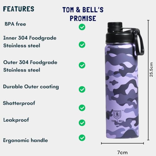 Image of TOM&BELL Water Bottle for Kids, Kids Water Bottle for School, 304 Stainless Steel hot and Cold Thermosteel Leakproof Water Bottle, Double wall Bottle Lavender 650 ml
