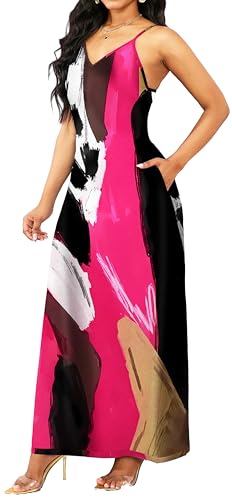 Image of Long Maxi Dresses for Women Sexy Adjustable Spaghetti Strap Floral Beach Summer Dress Casual Sundress with Pockets(Small) Rose Black