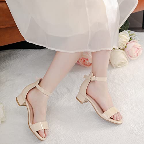Image of Dufannie Girls Sandals Low Heels Dress Pump Ankle Strap Open Toe Flower Girl Wedding Party for Toddler Little Big Kid