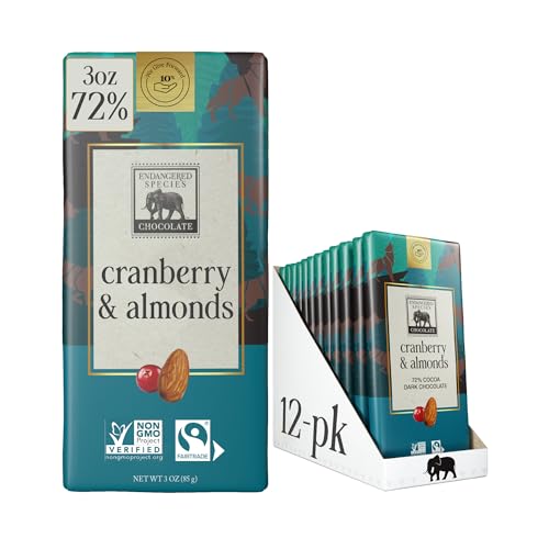 Endangered Species Natural Chocolate Bars - Dark Chocolate - 72 Percent Cocoa - Cranberries And Almonds - 3 Oz Bars - Case Of 12