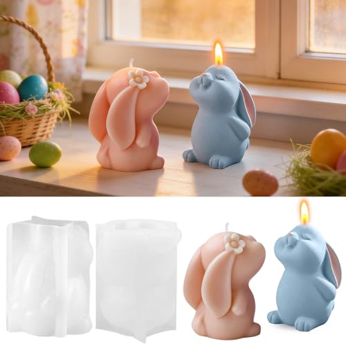 2 Piezas Moldes de silicona de conejo de Pascua, Moldes de Fundición de Velas de Conejo Pascua, Moldes Reutilizables para Velas de Conejo, 3D Cone-jo Molde de Silicona para Hacer Vela-s Jabones