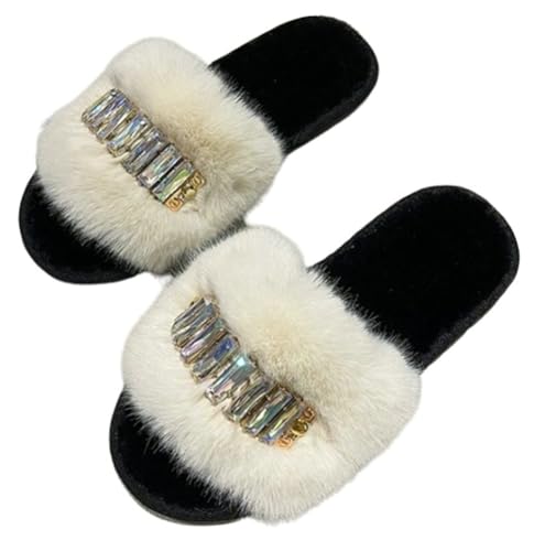 Trendy Fluffy Warm Faux Fur Rhinestone Slippers Open Toe Outdoor Slippers Indoor Non Slip Soles Shoes for Women 2025