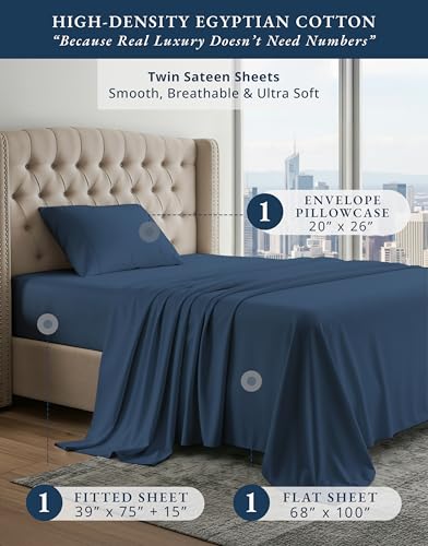 Image of LANE LINEN Twin Sheets Set 100% Egyptian Cotton Sateen - Estate Blue | Twin Size Sheets - 3-Piece Set, Ideal For Dorms And Guest Beds, For A Luxurious Night's Sleep, Guest-Ready Comfort