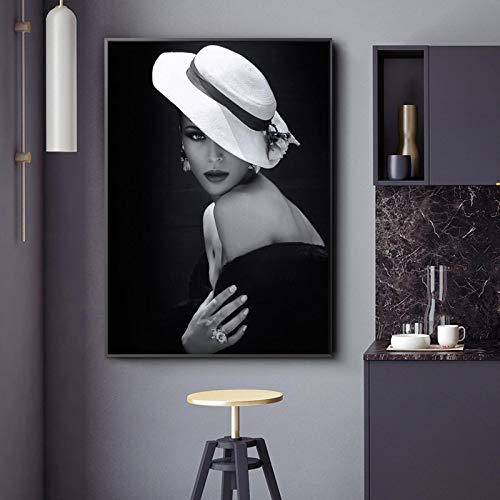 Affiche femme élégante chapeau vintage 70x100 cm impression toile noir et blanc sans cadre