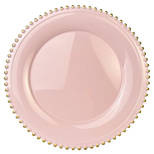 UOEKCS Pink Beaded Charger Plates, 13 Inch Plastic Round Chargers for Dinner Plates, Party, Wedding, Birthday.Set of 6