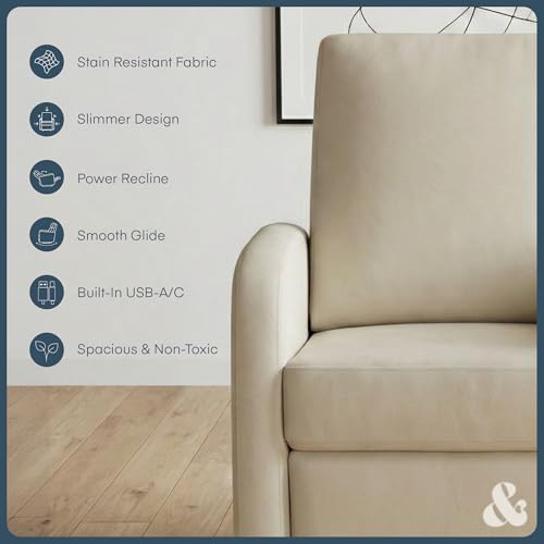 Image of Nurture& The Porto Power Glider Recliner for Nursery | Modern Glider Chair with Power Recline | Built - in USB Charging Port | Space-Saving Design for Small Nurseries and Shared Spaces, Ivory