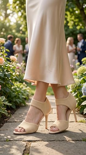 Image of Peep Toe Heels for Women Sexy 3 Inches Stiletto Heeled Sandals for Women Open Toe Wide Stretchy Knit Heel Sandal Booties Slip On Comfortable Dressy Shoes for Prom, Party and Work