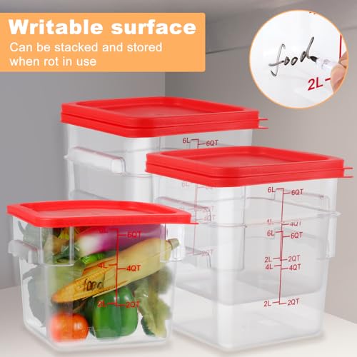 Image of Ziliny 3 Sets 6 Qt Square Food Storage Containers with Lids Dough Proofing Bucket Commercial Polycarbonate Containers with Scale Clear Airtight Cereal for Pantry Home Restaurant (Red)