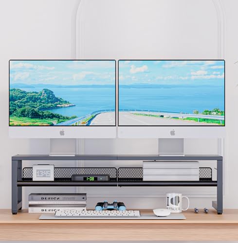 ECOLOVI 2-Tier Dual Monitor Stand Riser for Desk Organizer, Computer Stand for 2 Monitors, Computer Desk Accessories Peripherals & Workspace Desktop Organizer for Laptop, PC, Computer, Printer, Black