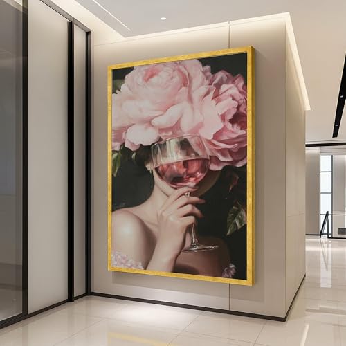 Toile représentant un verre à vin et portrait floral mural romantique de 40 x 60 cm