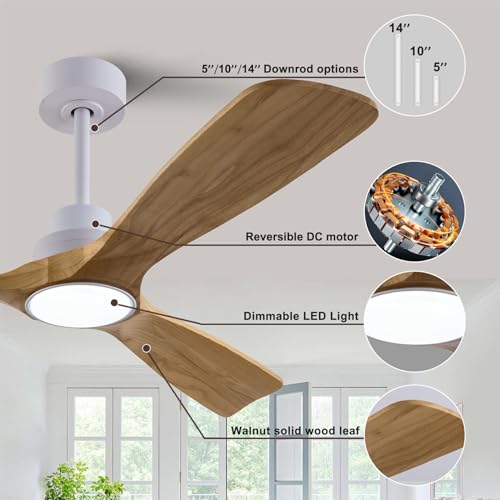 Image of QUTWOB 52 inch Wood Ceiling Fan with Light, Reversible DC Motor, Remote Control | solid wood blades, quiet 6-speed reversible dc motor, remote with memory, 3-color led, for indoor outdoor patio bedroom