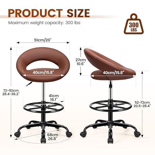 Image of Bar Stool with Back Support - PU Leather Drafting Chair, Adjustable Foot Rest & Rolling Wheels, Swivel Tall Stool for Kitchen Island, Salon, Vanity, Standing Desk, Brown