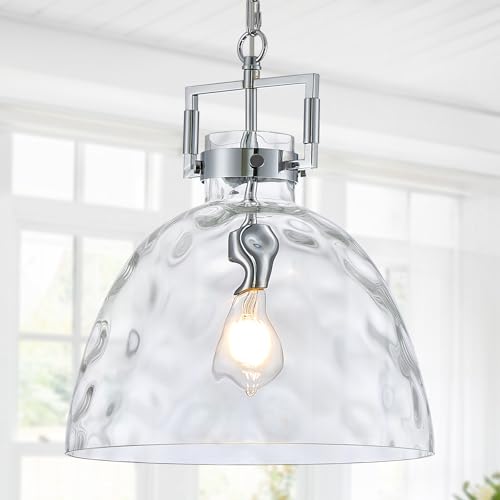 Image of 13.8 inch Chrome Glass Pendant Light, Hammered Clear Glass, E26 Light | 13.8 inch chrome hammered glass pendant light with adjustable chain and E26 socket for kitchen islands and dining rooms