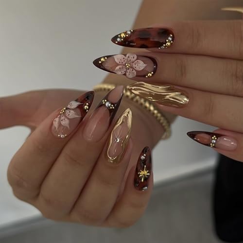 Nymora Handmade Press On Nails Almond - 24 Pieces Elegant Autumn Designs, Brown Color, 3D Flower Design - Perfect for Any Occasion - Durable and Comfortable - Easy to Use for Women and Girls