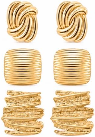 Mahani Chunky Gold Earrings Set, 3 Pairs Statement Knot Square Textured