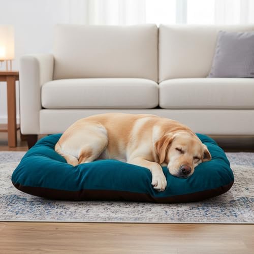 Image of Amazon Basics Pet Bed | Large | Reversible Premium Velvet Pet Bed for Cats & Medium /Large Dogs (Labrador, Golden Retriever, German Shepherd) | Soft & Durable | Coffee & Light Blue| 107 x 107 x 7 cm