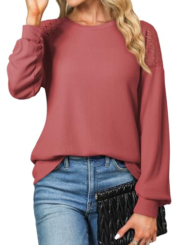 EVALESS Womens Long Sleeve Tops Dressy Casual Crewneck Waffle Lace Patchwork Knit T Shirts Blouses Fall Fashion 20252