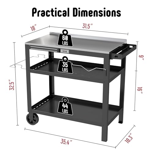 Feasto 31.5\"x18\" Outdoor Grill Cart with Stainless Steel Tabletop, Movable Grill Table with Seasoning Rack & Magnetic Tools Holder, Backyard BBQ Kitchen Food Prep Table for Portable Grill & Pizza Oven