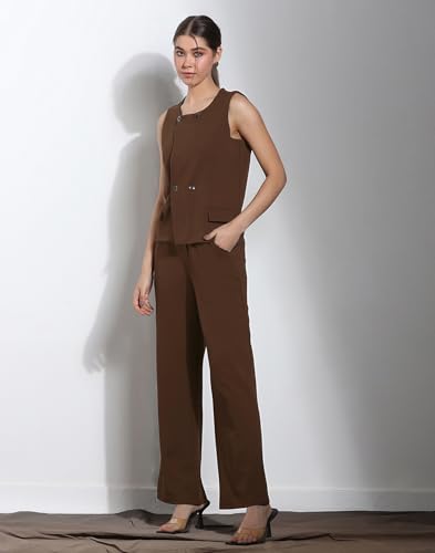 Image of Selvia Navy Blue Lycra Co-ord Set for Women, Button Detail Waist Top and Trouser Pant