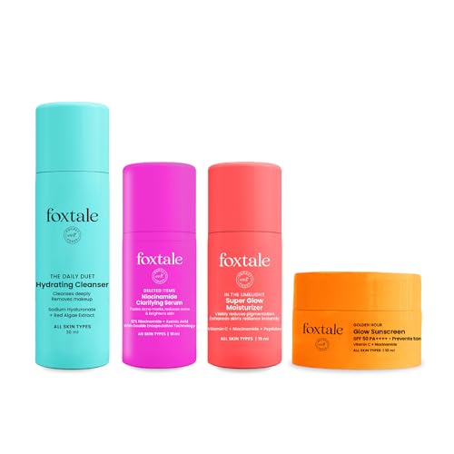 Image of Foxtale Glow On Heartbeat Skincare Gift Set | Hydrating Cleanser, 12% Niacinamide serum, Super Glow moisturizer & SPF 50 Glow sunscreen | Travel-Friendly Kit for Radiant skin | For Men & Women