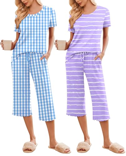 Image of Ekouaer 2 Pack: Women's Pajamas Set Short Sleeve Sleepwear Capri Pants Pjs Soft Loungewear with Pockets