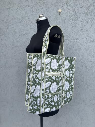 Image of Quilted Cotton Hand printed Reversible Large multicolor cotton Tote Bag,Indian Handmade Block Printed Tote Bag Women Handbag