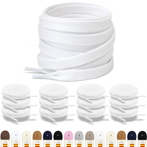 Genérico 12 Pares - Cordones Planos 4 a 7 Ojales Originales para Zapatillas Depotivas Casuales 120cm X 8 mm Moda para Sneakers + 9 Colores Resistentes Hechos en España CALIDAD (A - 12X Blanco)