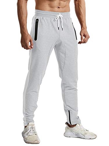 TBMPOY Men's Athletic Running Pants Workout Track Sweatpant with Zipper Pockets Open Bottom Light Grey L