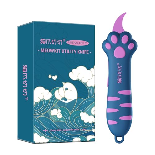 MEOWKIT Cat Paw Box Cutter Retractable with Cat Paw Handle Multifunctional Knife Set (Peacock blue)