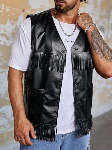 Men's Fringe Trim V Neck Sleeveless Button Down Party Vest Jackets4