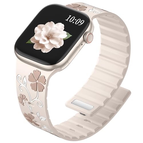 Easuny Magnetic Floral Band Compatible with Apple Watch Bands for Women 40mm 41mm 42mm 44mm 38mm 45mm 46mm 49mm Engraved Silicone Cute Flower Strap for iWatch Series 11 10 9 8 7 6 5 4 Se 3 2 2nd 1