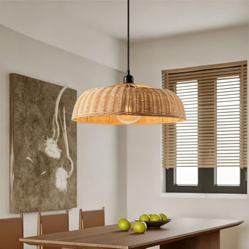 Lustre suspendu en rotin avec abat-jour dôme en osier pour éclairage ciblé îlot de cuisine