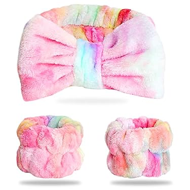 AMAZON - WSYUB Spa Headband and Wrist Bands, Makeup Headband and Wrist Towels for Washing Face, Fuzzy Bow Headbands, Soft Facial Head Bands, Shower Skincare Hair Sleepover Party Supplies