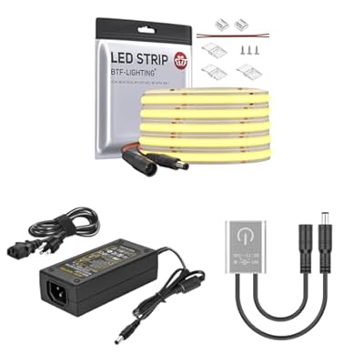 BTF-LIGHTING FCOB COB LED Strip 8W/m 16.4FT DC24V Warm White 2700K CRI 90+ 8mm Width for Indoor Decoration,Mini Touch Dimmer Switch Max3A Silver,DC24V3A Power Supply