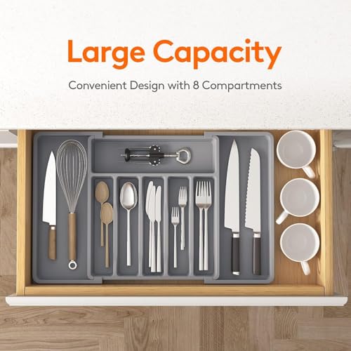 Image of Aroja Utensil Organizer for Kitchen Drawer, Gray, Pack of 2 | Expandable, Adjustable, Plastic, Cooking Silverware Tray