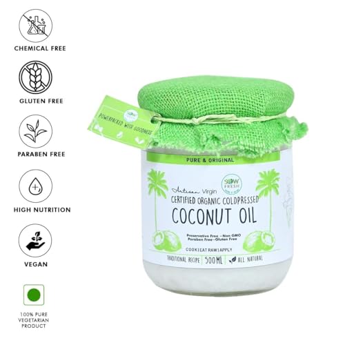 Image of Sow Fresh All Natural Extra Virgin Coconut Oil - 500ml Organic Cold Pressed Virgin Vegan Coconut Oil for Cooking, Hair & Skin Care and Oil Pulling - No Preservatives & No Sugar
