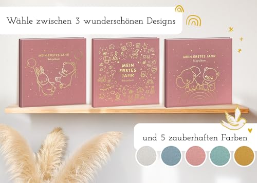 Mein erstes Jahr Babyalbum - Hochwertiges Leinenbuch mit Goldprägung für die schönsten Erinnerungen - Babybuch zum Eintragen für das erste Lebensjahr - Baby Geschenk zur Geburt (Spielzeug Rosé)