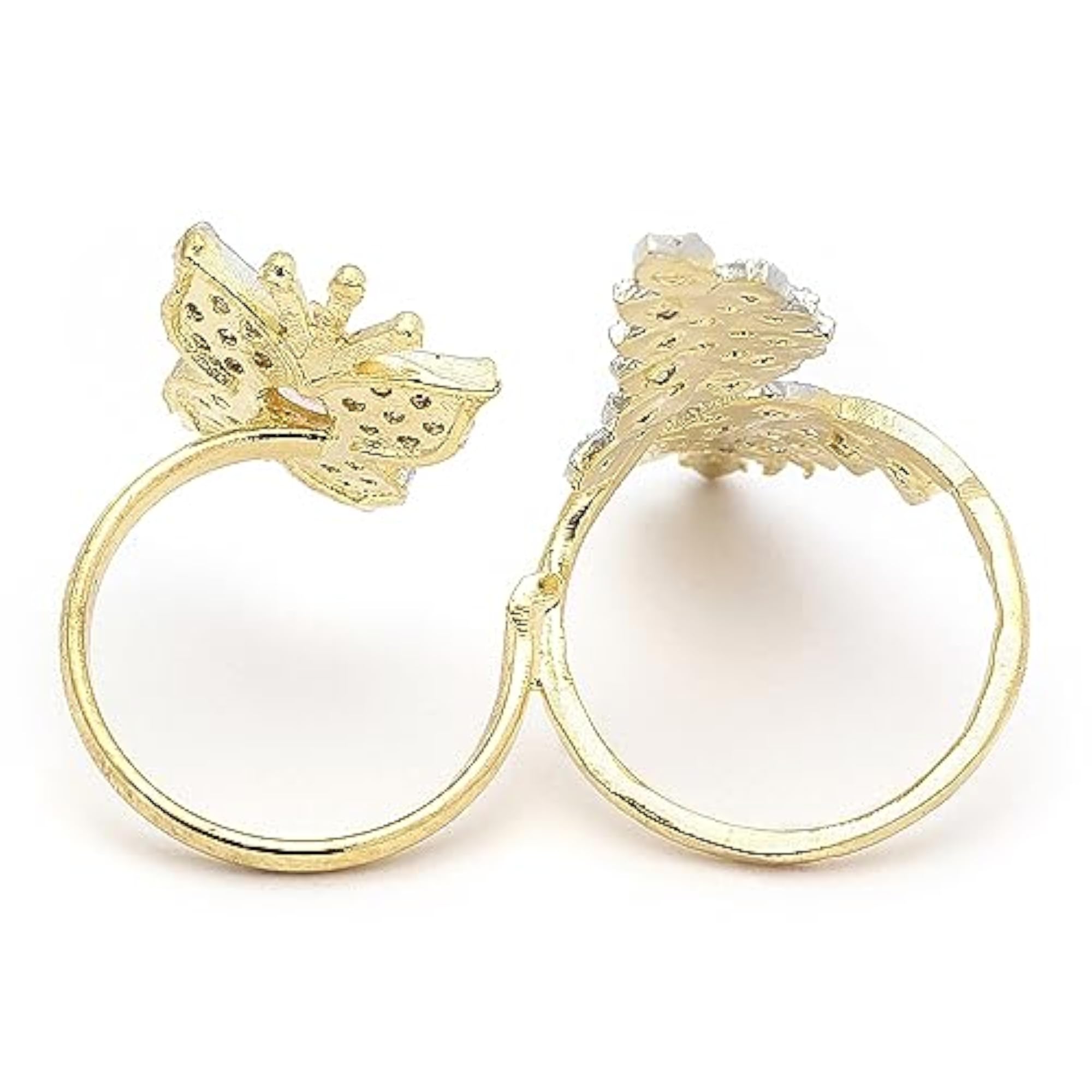 Gold-Plated Butterfly & Leaf AD Double Finger Ring