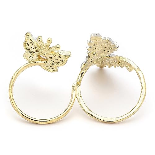 Gold-Plated Butterfly & Leaf AD Double Finger Ring