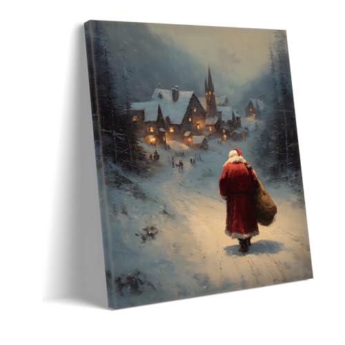 Toile Village d'hiver de Noël avec Père Noël encadrée 40x60 cm