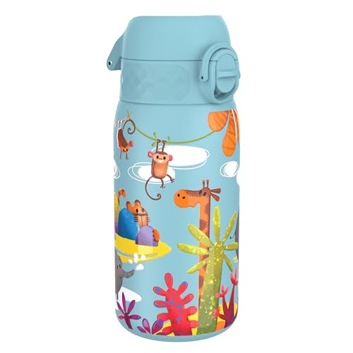 Ion8 Botella Agua Acero Inoxidable para Niños, 400ml, a Prueba de Fugas, Fácil de Abrir, Cerradura Segura, Apta para Lavavajillas, Asa de Transporte, Fácil de Limpiar, Diseño Safari